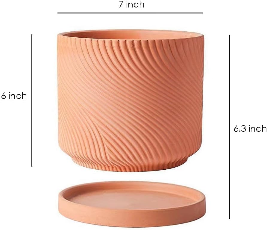 Wavy Studio 7" Unglazed Terracotta Planter with Drainage Hole & Saucer, Modern Minimalist Plant Pot for Home & Garden