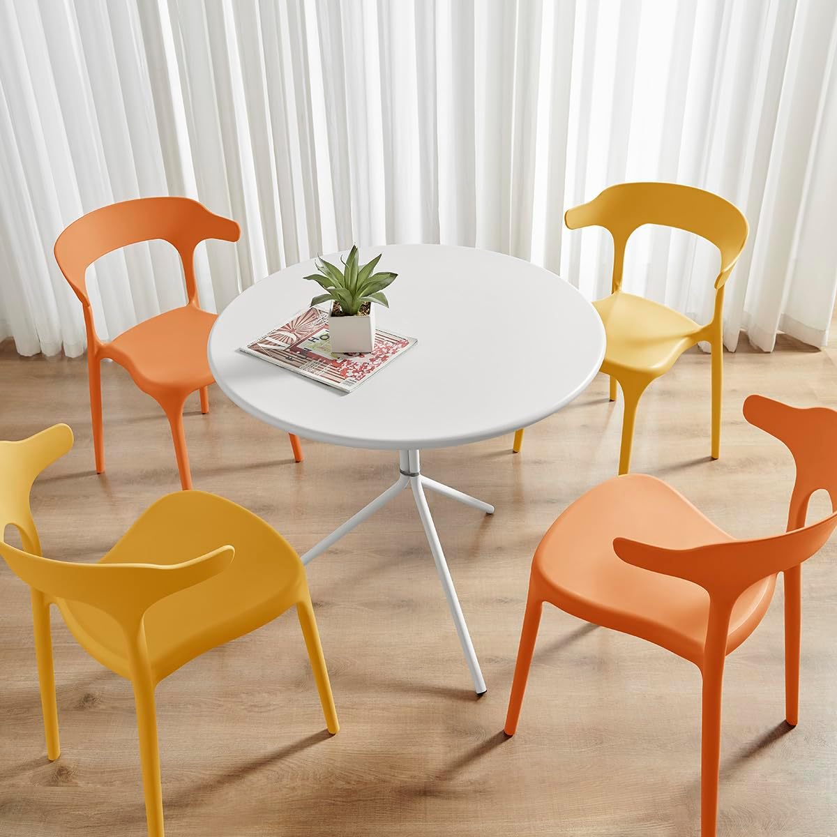Xdeco Modern Stackable Dining Chair Set, No Assembly, Plastic Chair, Patio Chair, Suitable for Indoor and Outdoor Cafes and Restaurants, Set of 4 (Mustard Yellow)