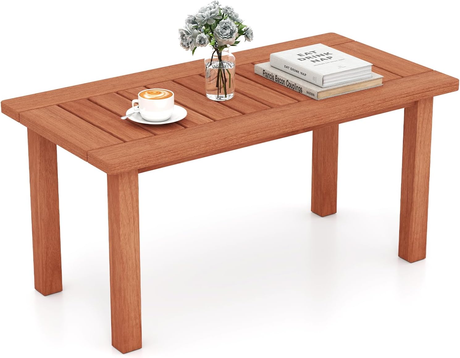 Tangkula Outdoor Coffee Table, 35.5” Patio Table with Slatted Tabletop, Rectangular Wooden Center Table Indoor Outdoor for Balcony, Poolside, Garden, Living Room, Natural