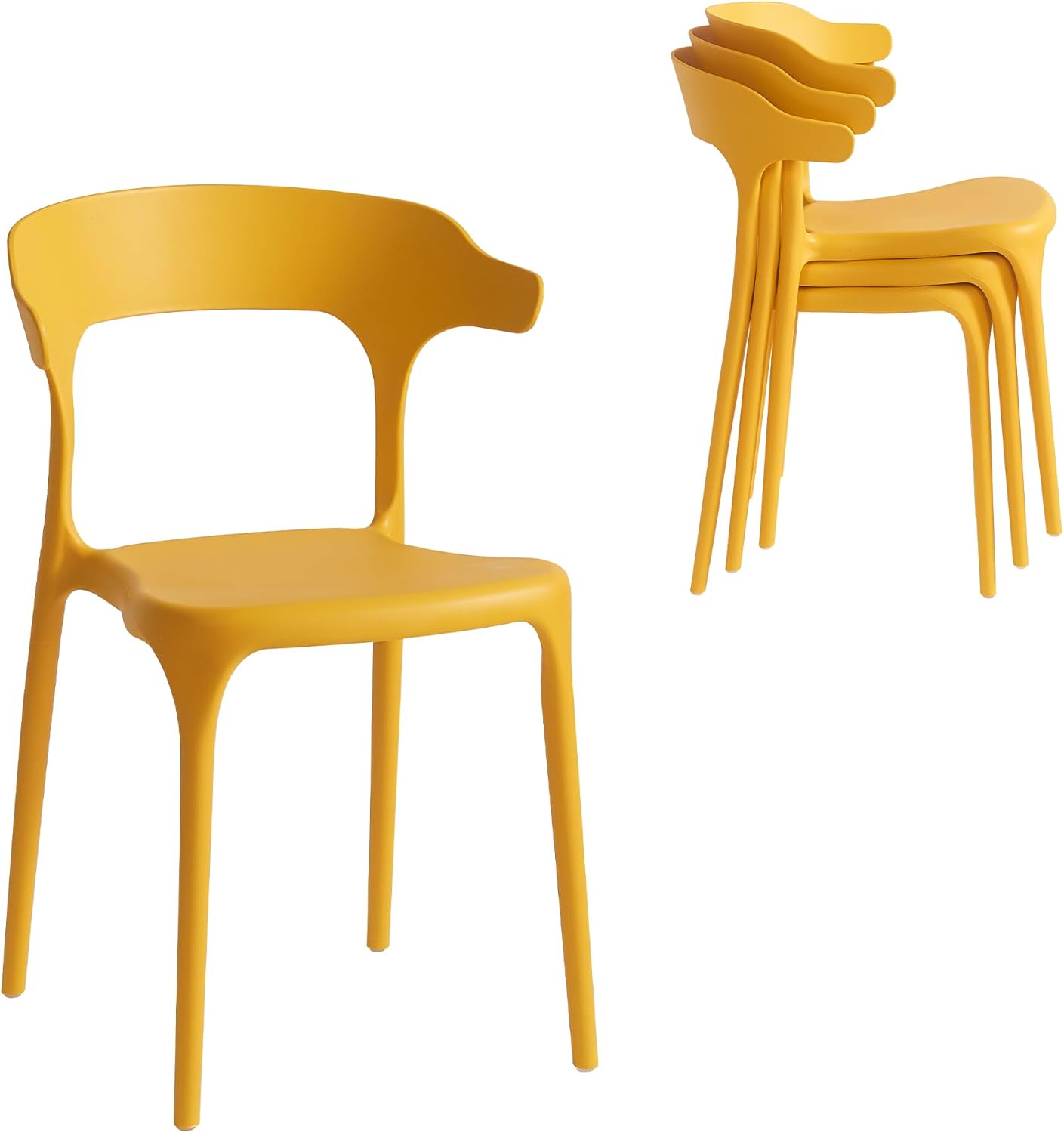 Xdeco Modern Stackable Dining Chair Set, No Assembly, Plastic Chair, Patio Chair, Suitable for Indoor and Outdoor Cafes and Restaurants, Set of 4 (Mustard Yellow)