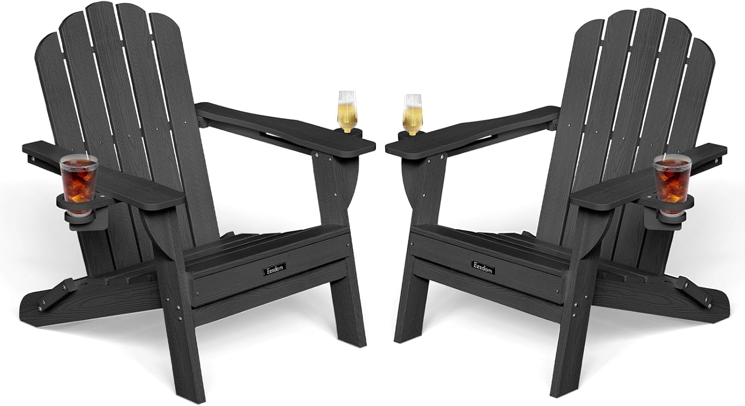 Eesdom Folding Adirondack Chair, HDPE Adirondack Chair with 2 Cup Holders, Easy Assembly Outdoor Fire Pit Chairs for Patio, Garden, Poolside, Black