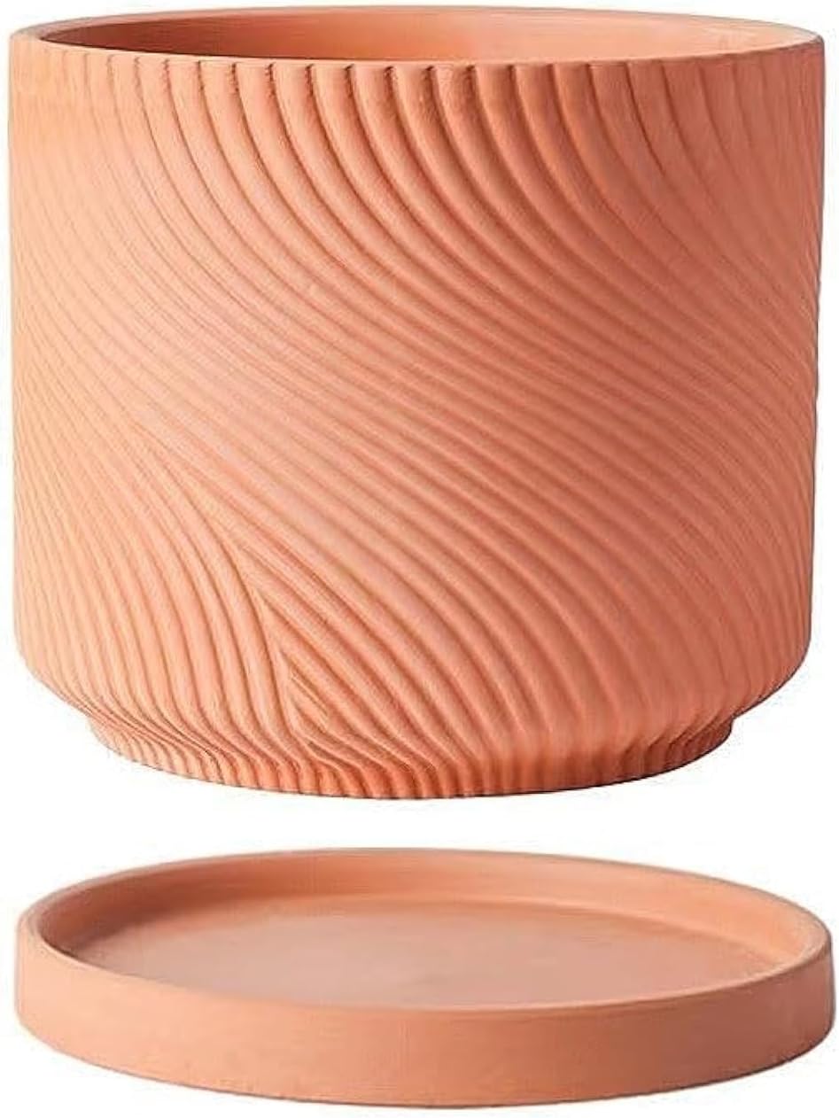 Wavy Studio 7" Unglazed Terracotta Planter with Drainage Hole & Saucer, Modern Minimalist Plant Pot for Home & Garden
