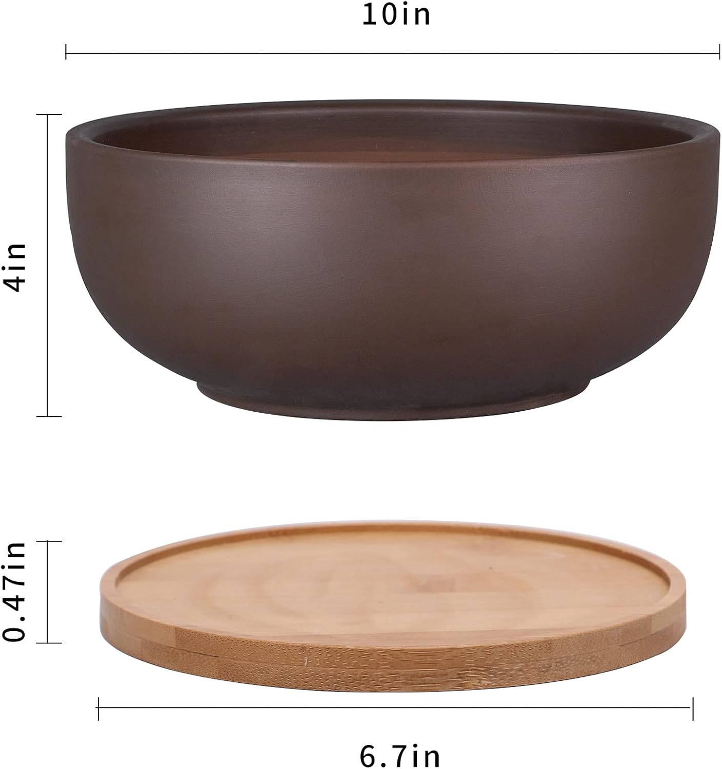 Thirtypot 10 Inch Terracotta Planter, Large Succulent Bonsai Planter Pot with Drainage Hole and Bamboo Saucer for Indoor Plants, Brown