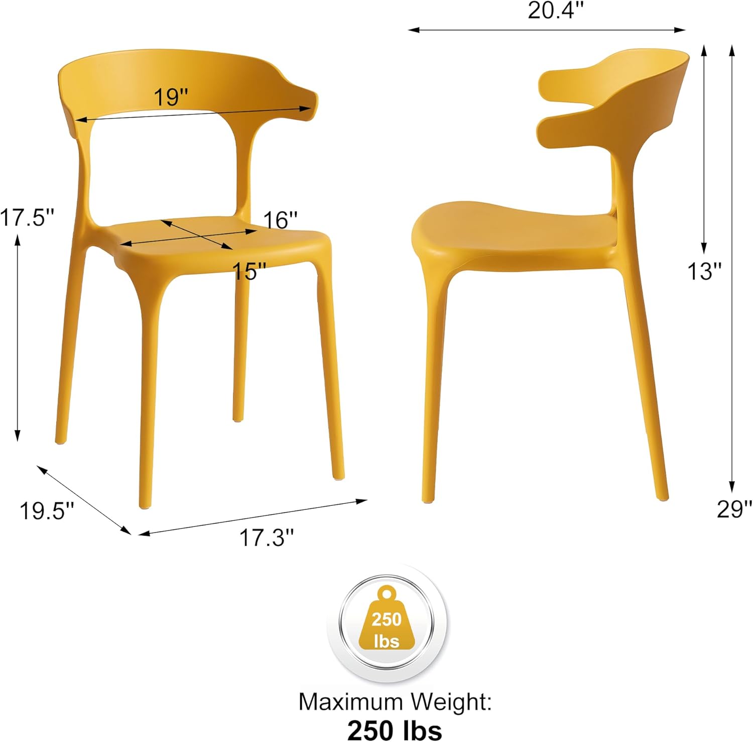 Xdeco Modern Stackable Dining Chair Set, No Assembly, Plastic Chair, Patio Chair, Suitable for Indoor and Outdoor Cafes and Restaurants, Set of 4 (Mustard Yellow)