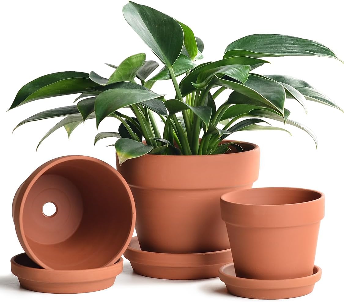 INGOFIN Terracotta Pot with Saucer - 10 Inch Ceramic Clay Pot for Plants with Drainage Hole, Large Terra Cotta Flower Planter with Tray for Indoor Outdoor Plants