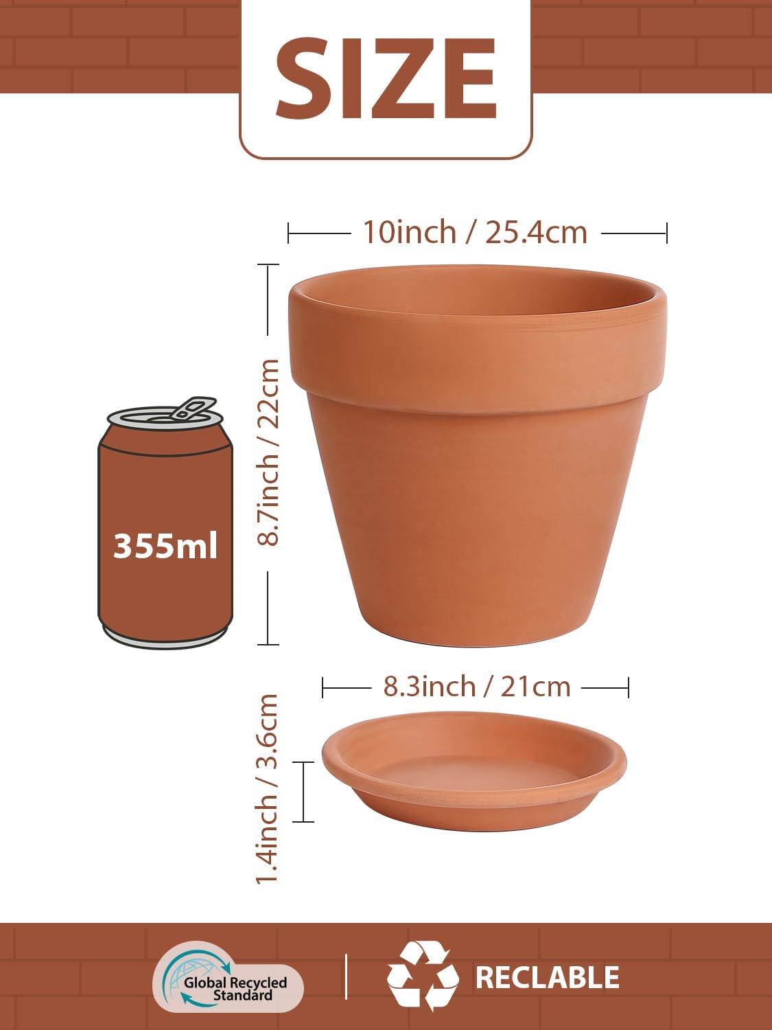 INGOFIN Terracotta Pot with Saucer - 10 Inch Ceramic Clay Pot for Plants with Drainage Hole, Large Terra Cotta Flower Planter with Tray for Indoor Outdoor Plants