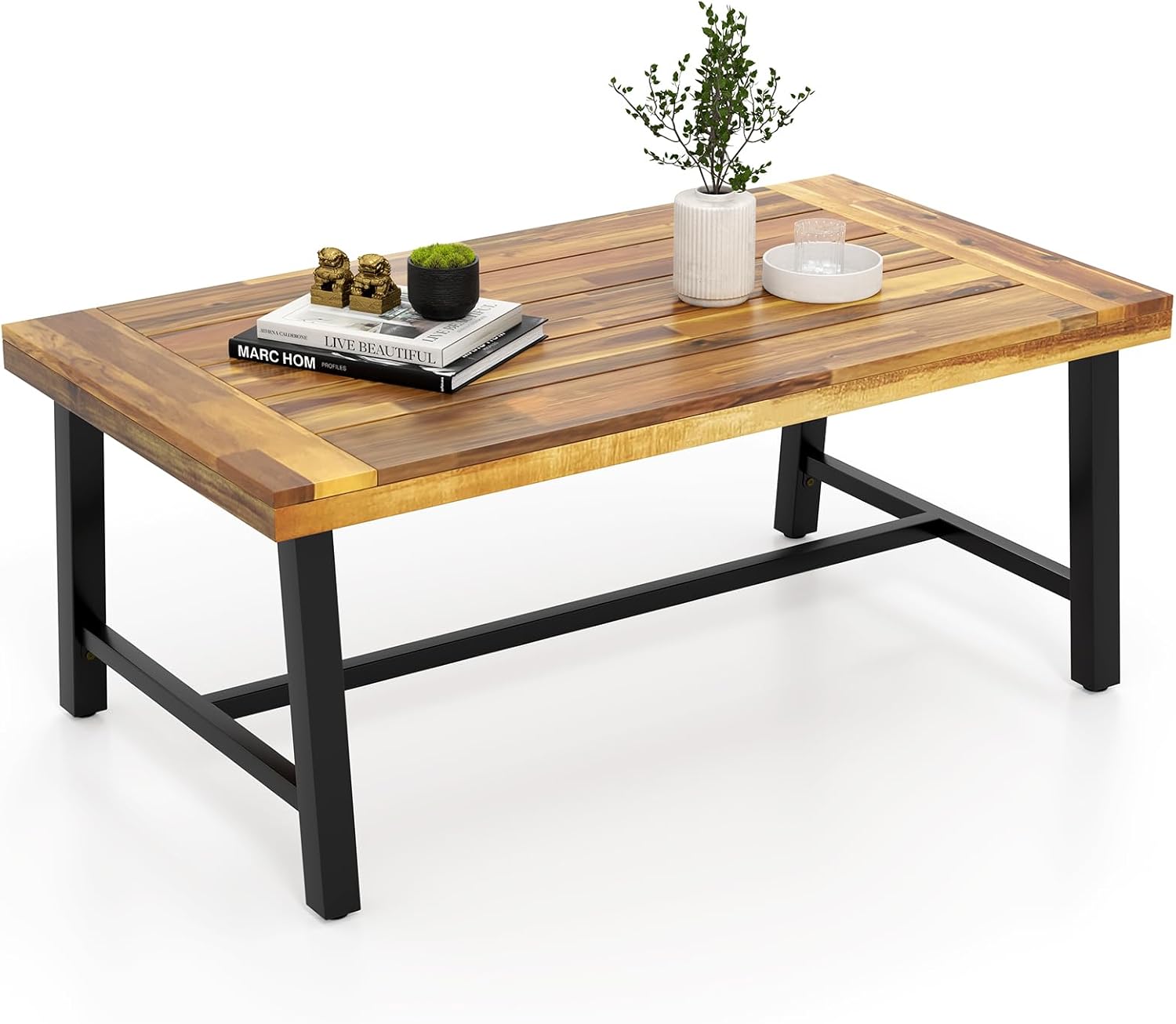 Tangkula Outdoor Coffee Table, 35.5” Patio Table with Slatted Tabletop, Rectangular Wooden Center Table Indoor Outdoor for Balcony, Poolside, Garden, Living Room, Natural