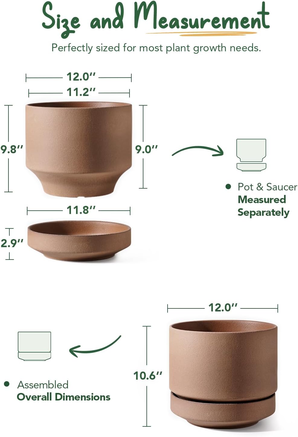 LE TAUCI 12 Inch Pots for Plants with Saucer | Ceramic Outdoor & Indoor Planter Pot for Plants | Drainage Hole, Mesh Pad & Plug | Unglazed Porous | Modern for Home, Office and Patio – Terracotta Color