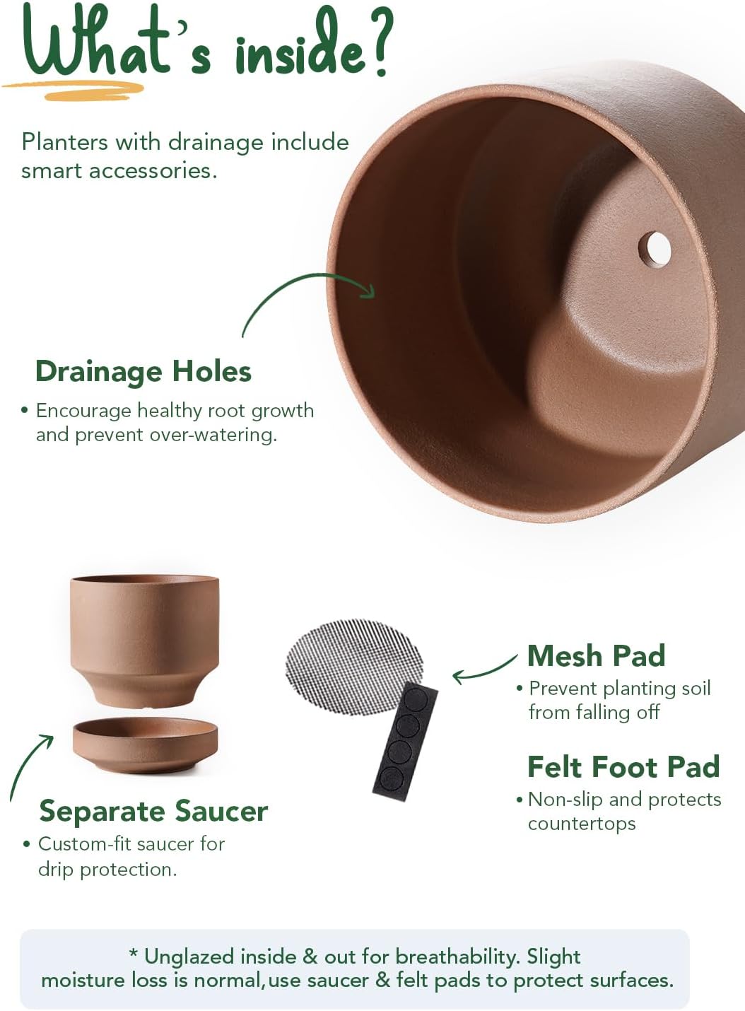 LE TAUCI 12 Inch Pots for Plants with Saucer | Ceramic Outdoor & Indoor Planter Pot for Plants | Drainage Hole, Mesh Pad & Plug | Unglazed Porous | Modern for Home, Office and Patio – Terracotta Color