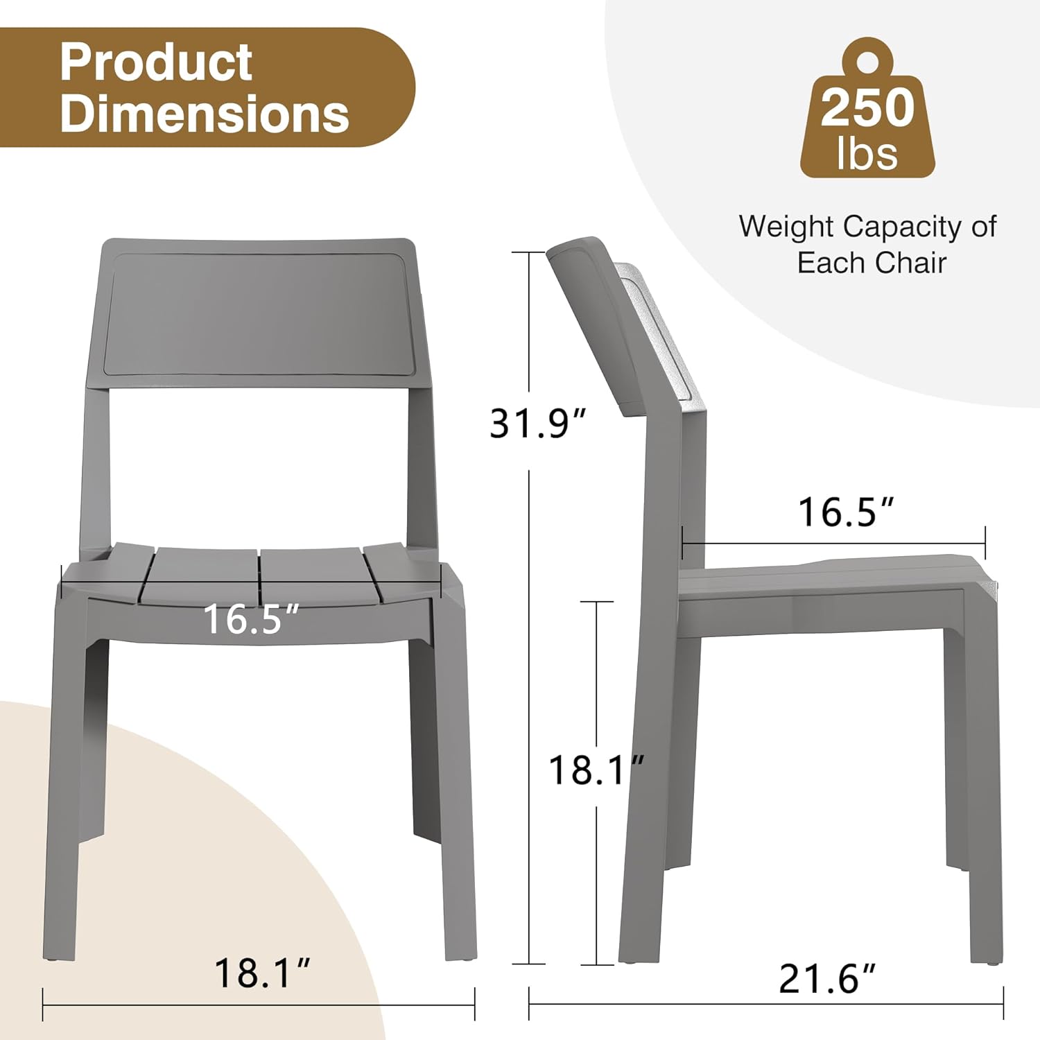 VECELO Plastic Stackable Dining Chairs Set of 4, Portable Patio Chairs for Indoor & Outdoor Use, No Assembly Required, Classic Grey
