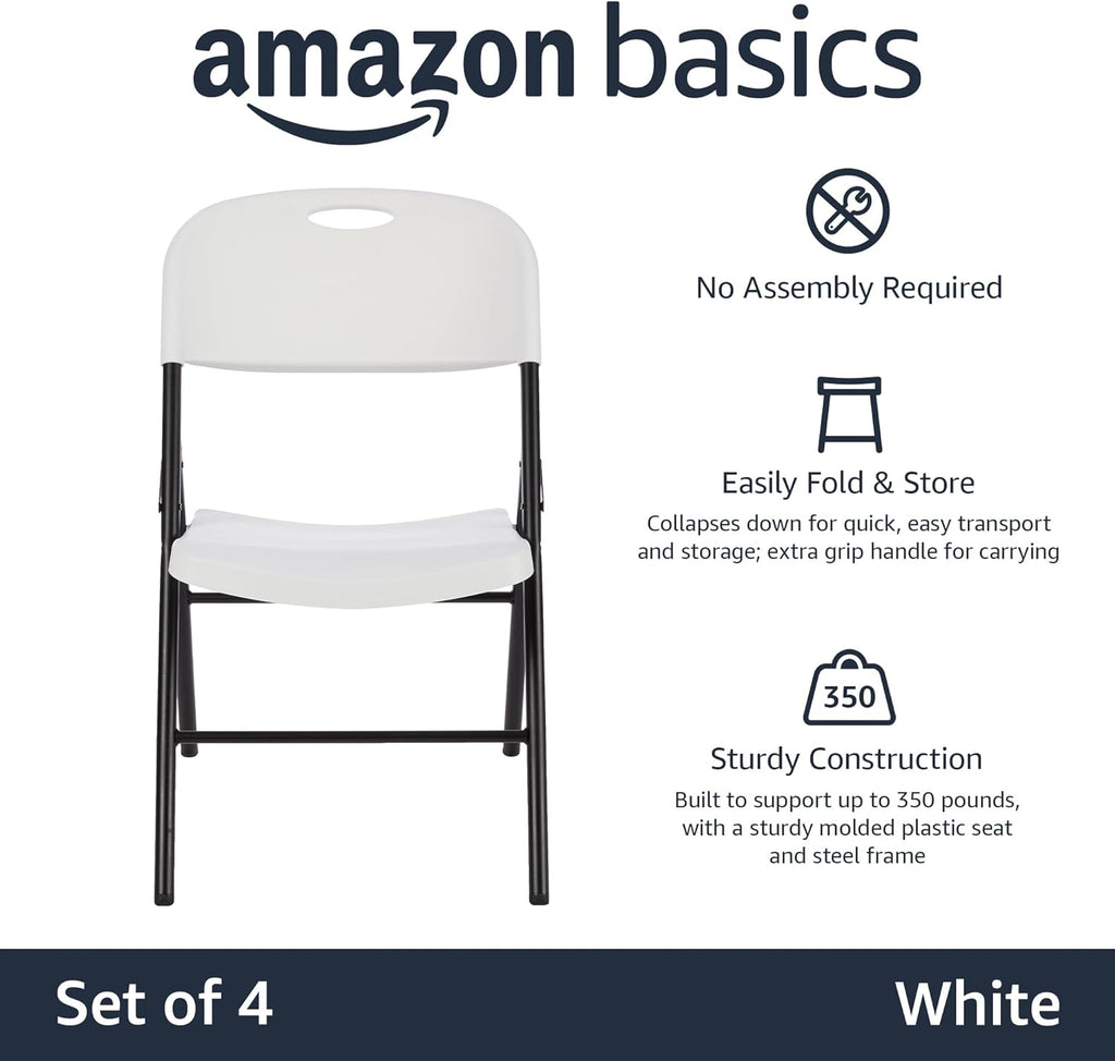 Amazon Basics Foldable Portable Comfortable Sturdy Folding Plastic Chair, 350-Pound Capacity, White, 4-Pack