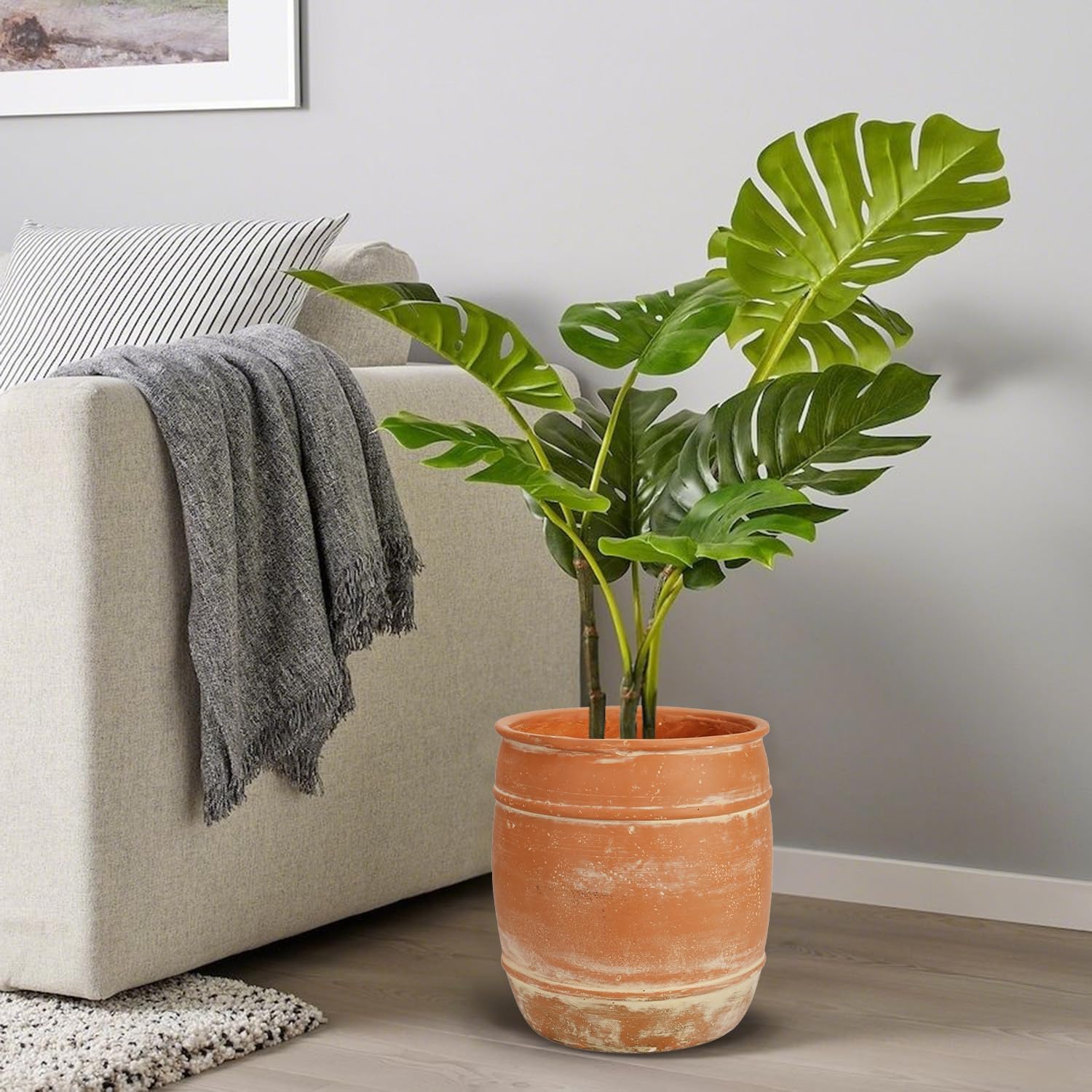 11"H x 9.5" Dia Aged Terracotta Clay Planter Pot with Drainage Hole, Rustic Farmhouse Style Flower Pot with Distressed Finish, Vintage Decorative Planter for Indoor Outdoor Garden, Patio, Porch