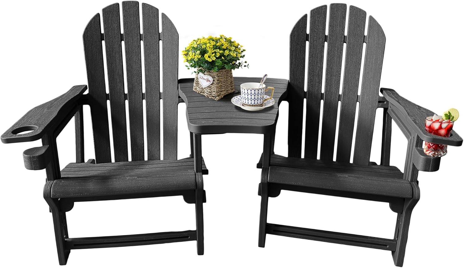 QuinnAndSunny HDPE Adirondack Chairs for Outside, All-Weather Patio Chairs with Cup Holder, Outdoor Lawn Chair for Poolside/Fire Pit/Backyard/Deck, Blue Double Adirondack Chair with Table