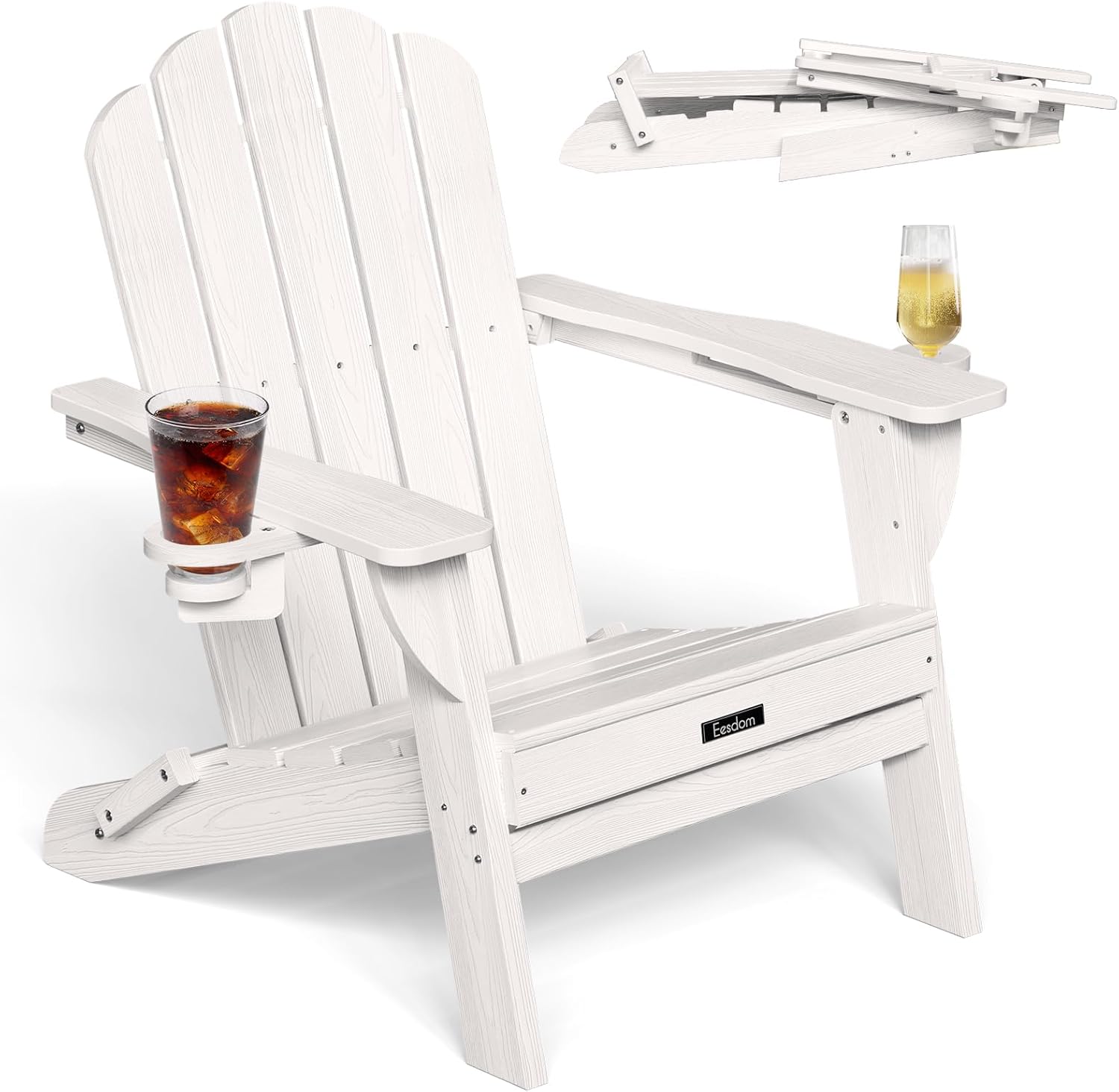 Eesdom Folding Adirondack Chair, HDPE Adirondack Chair with 2 Cup Holders, Easy Assembly Outdoor Fire Pit Chairs for Patio, Garden, Poolside, Black