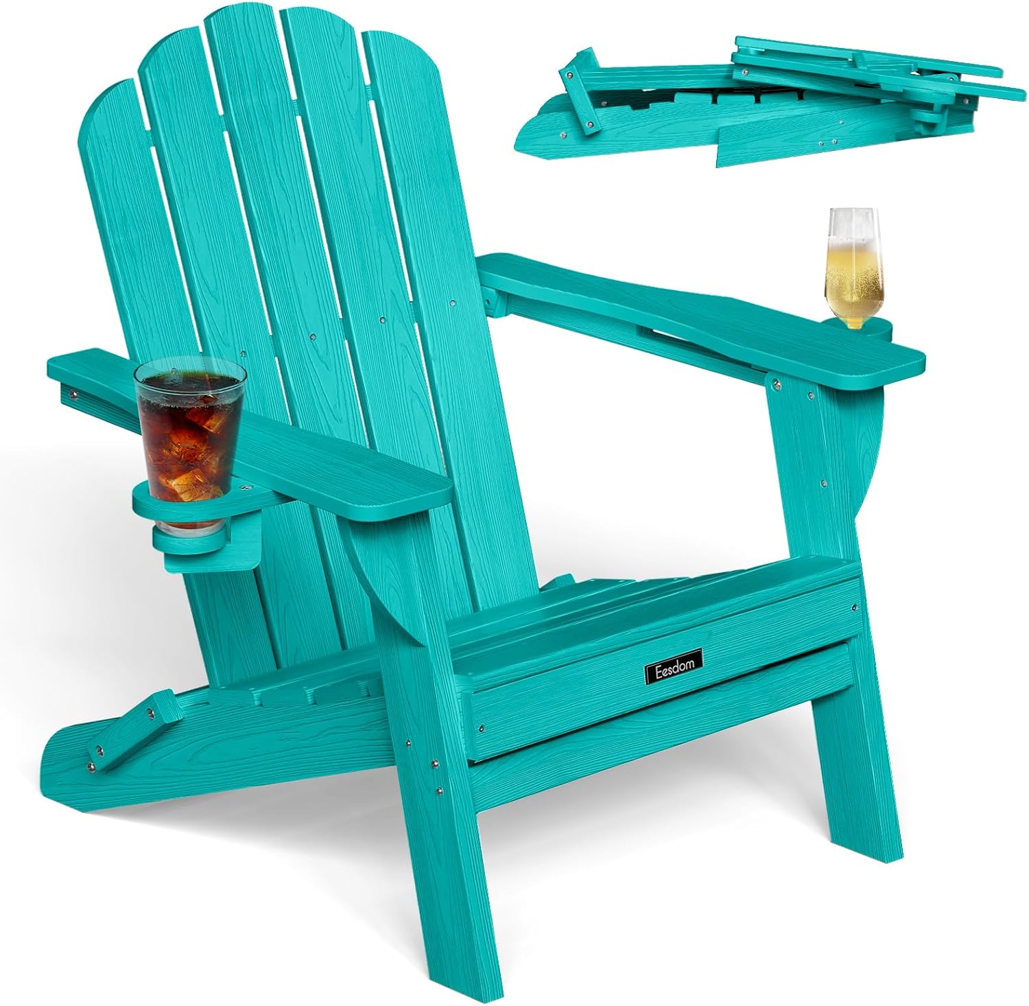 Eesdom Folding Adirondack Chair, HDPE Adirondack Chair with 2 Cup Holders, Easy Assembly Outdoor Fire Pit Chairs for Patio, Garden, Poolside, Black