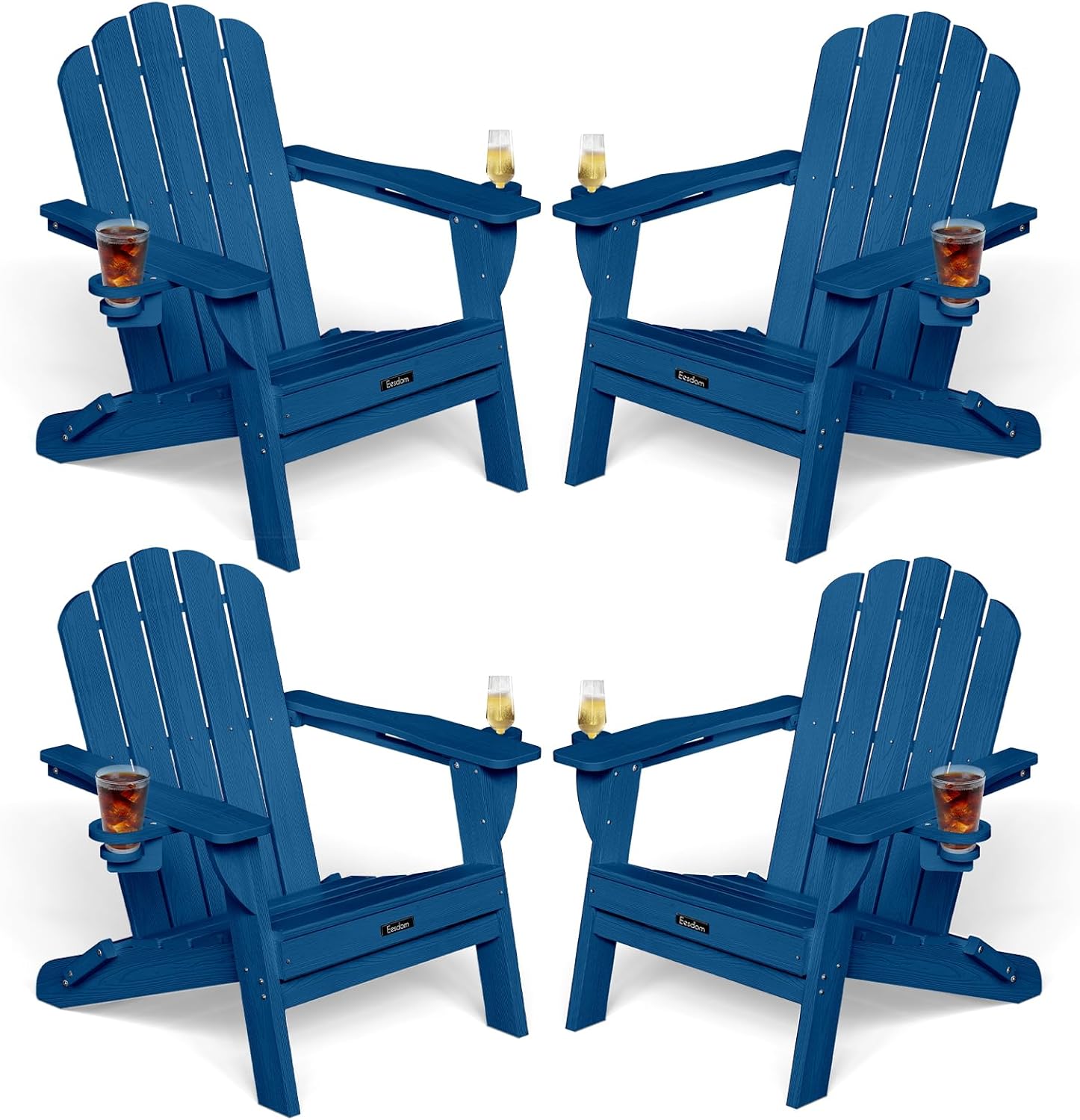 Eesdom Folding Adirondack Chair, HDPE Adirondack Chair with 2 Cup Holders, Easy Assembly Outdoor Fire Pit Chairs for Patio, Garden, Poolside, Black