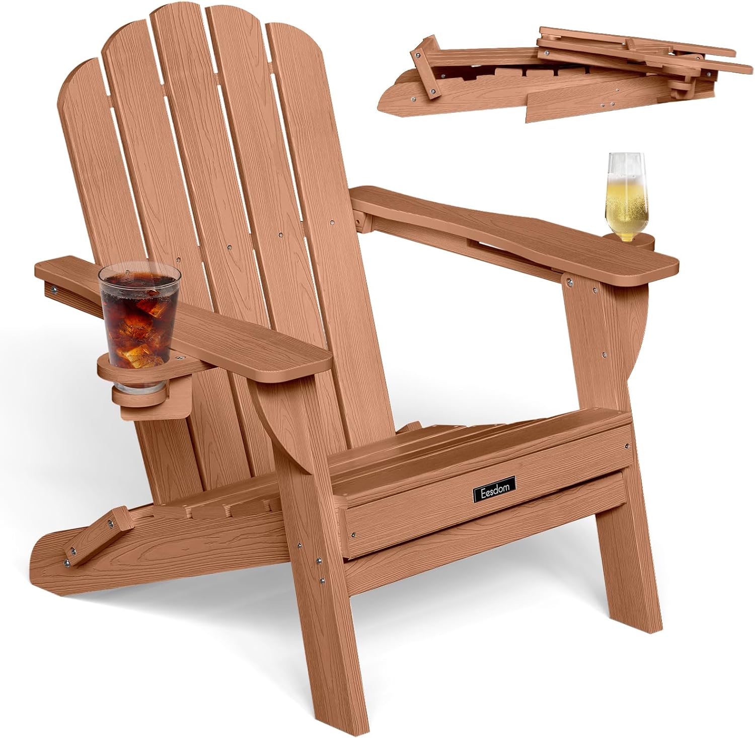 Eesdom Folding Adirondack Chair, HDPE Adirondack Chair with 2 Cup Holders, Easy Assembly Outdoor Fire Pit Chairs for Patio, Garden, Poolside, Black