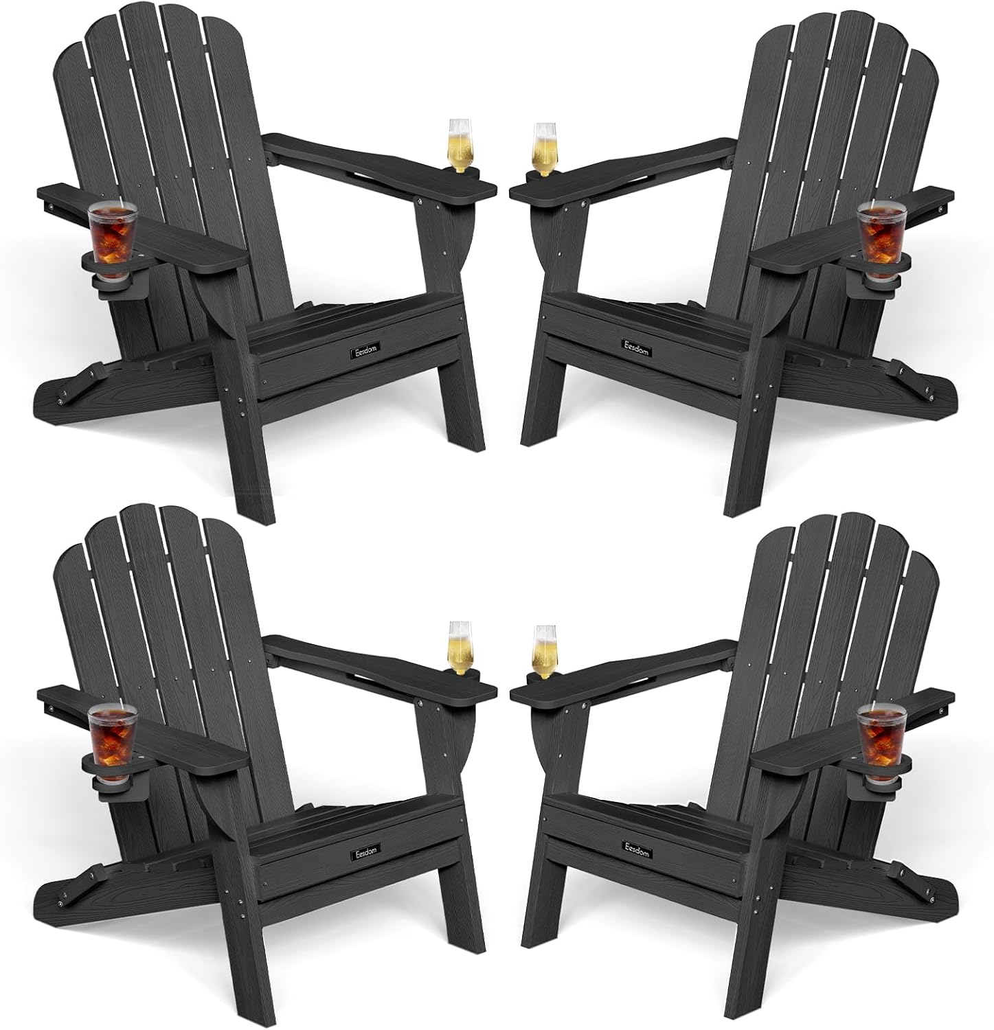 Eesdom Folding Adirondack Chair, HDPE Adirondack Chair with 2 Cup Holders, Easy Assembly Outdoor Fire Pit Chairs for Patio, Garden, Poolside, Black