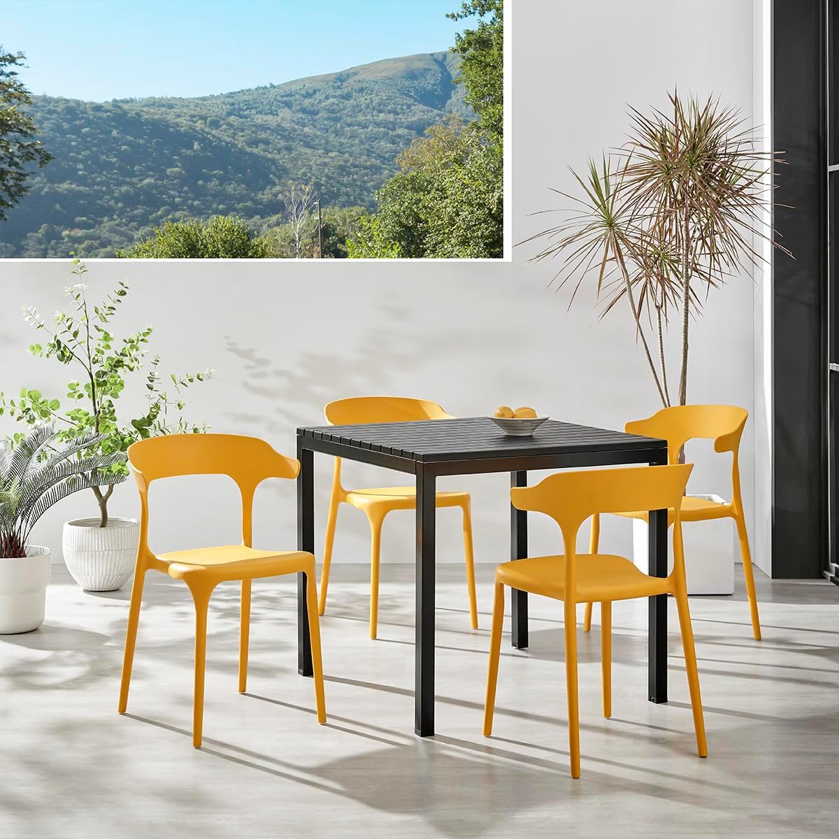 Xdeco Modern Stackable Dining Chair Set, No Assembly, Plastic Chair, Patio Chair, Suitable for Indoor and Outdoor Cafes and Restaurants, Set of 4 (Mustard Yellow)