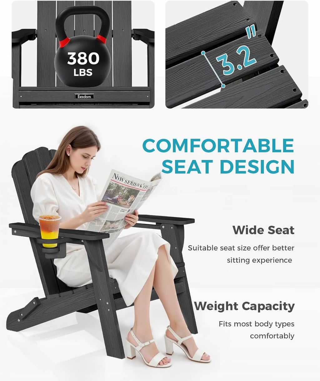 Eesdom Folding Adirondack Chair, HDPE Adirondack Chair with 2 Cup Holders, Easy Assembly Outdoor Fire Pit Chairs for Patio, Garden, Poolside, Black