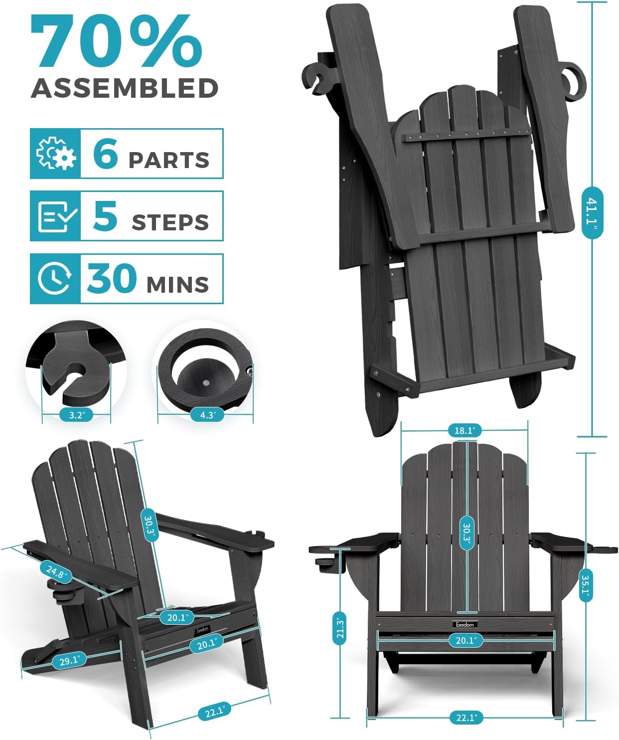 Eesdom Folding Adirondack Chair, HDPE Adirondack Chair with 2 Cup Holders, Easy Assembly Outdoor Fire Pit Chairs for Patio, Garden, Poolside, Black
