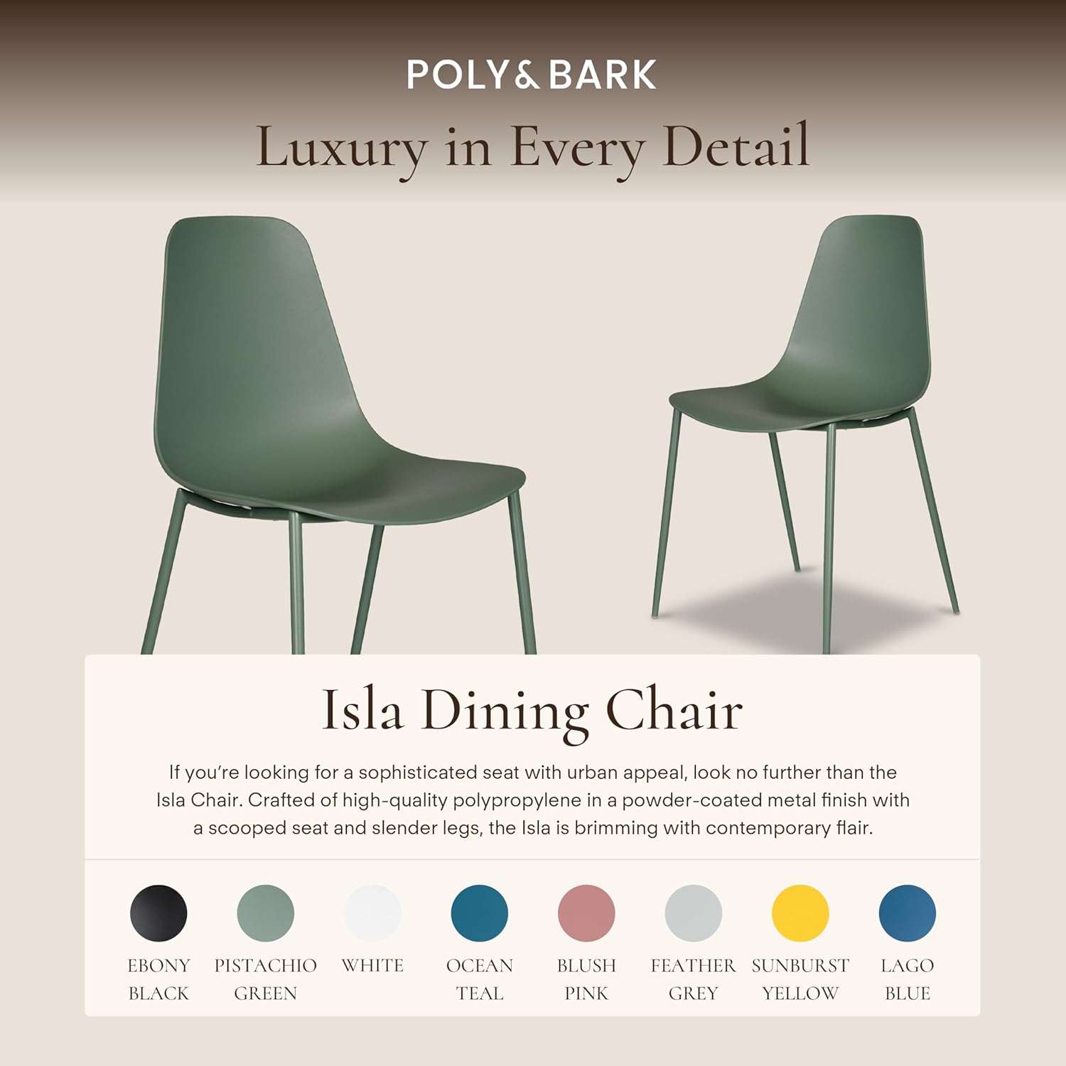 Poly & BARK Isla Modern Kitchen Chairs Set of 4 - Plastic Dining Chair with Metal Legs - Quick Assembly Simple Cafe Chairs Plastic for Indoor or Outdoor - Pistachio Green