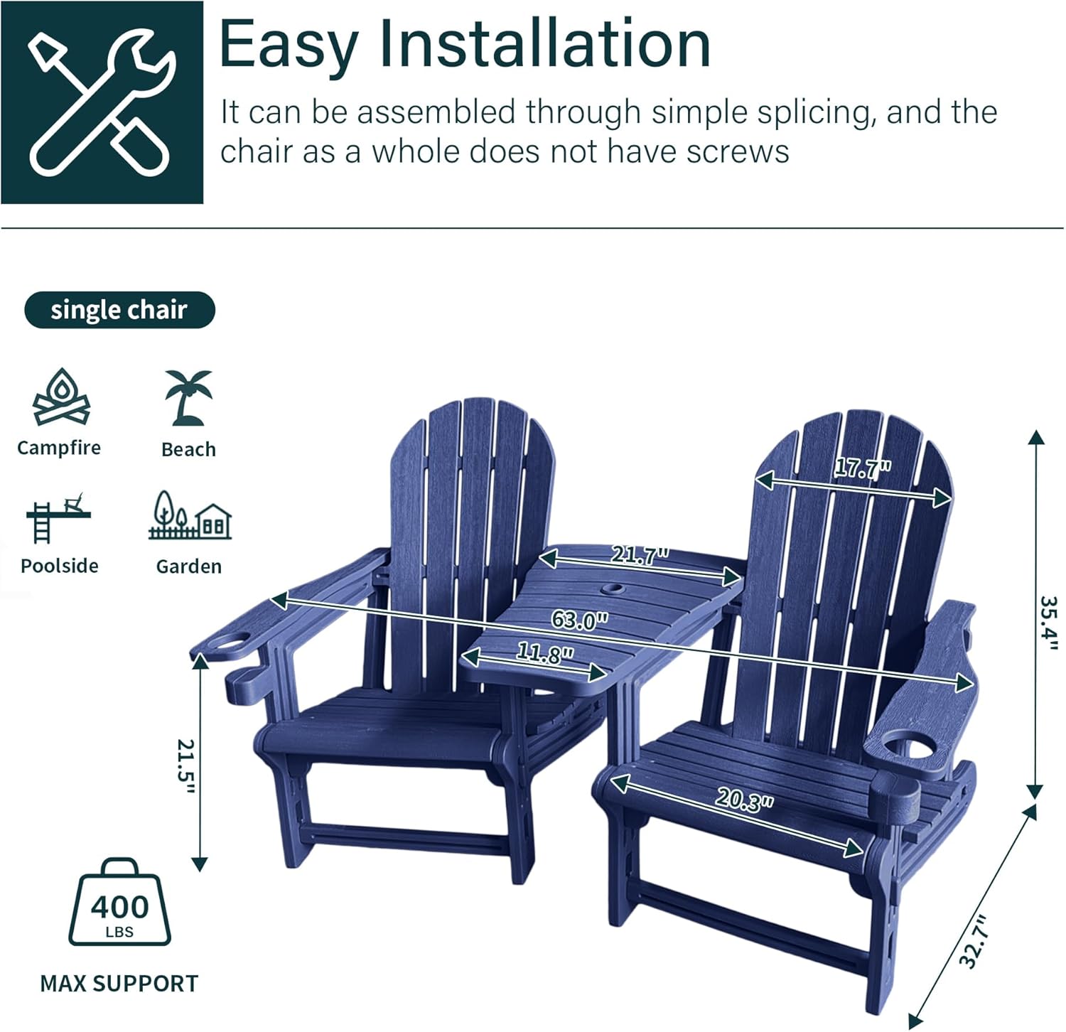 QuinnAndSunny HDPE Adirondack Chairs for Outside, All-Weather Patio Chairs with Cup Holder, Outdoor Lawn Chair for Poolside/Fire Pit/Backyard/Deck, Blue Double Adirondack Chair with Table