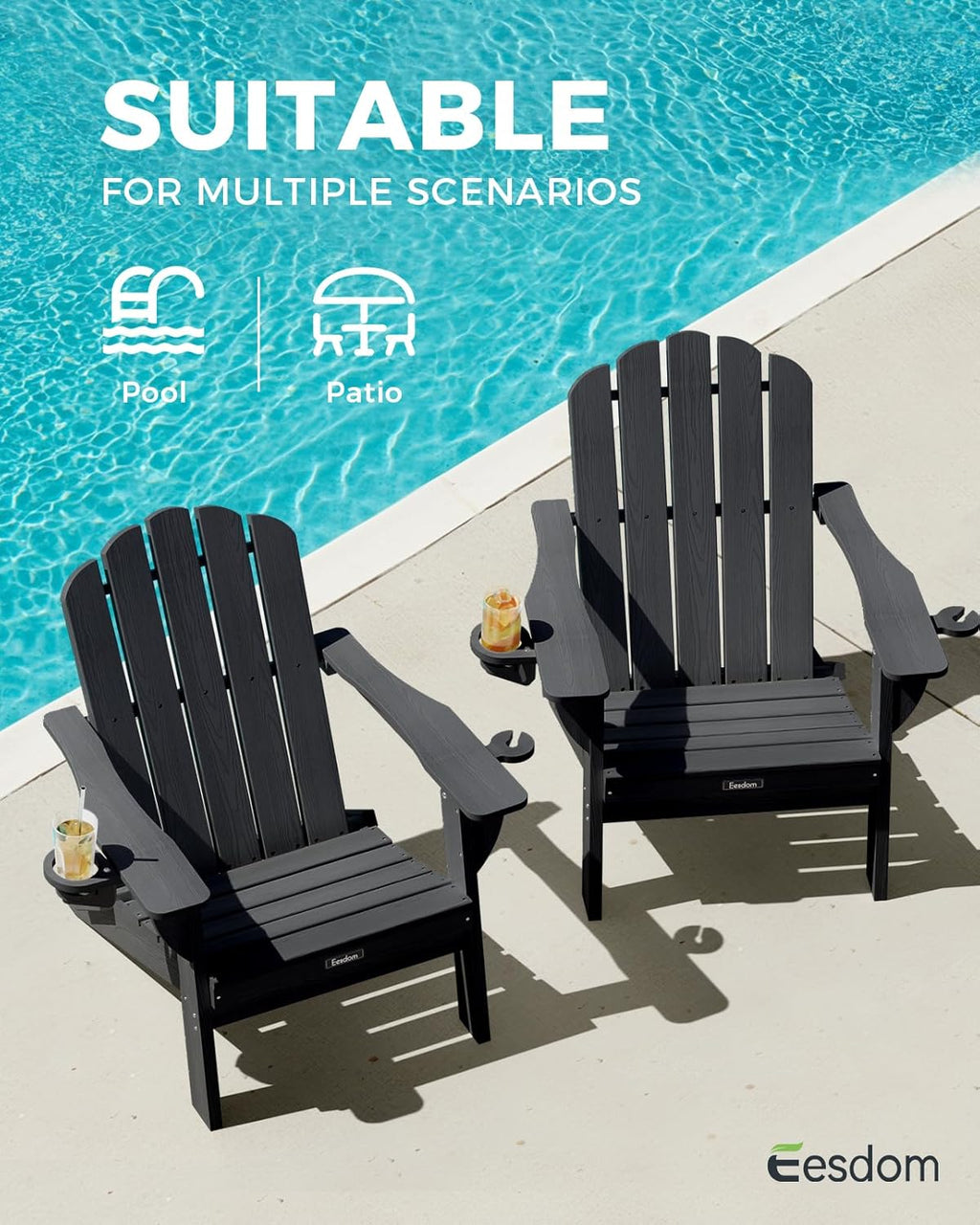 Eesdom Folding Adirondack Chair, HDPE Adirondack Chair with 2 Cup Holders, Easy Assembly Outdoor Fire Pit Chairs for Patio, Garden, Poolside, Black