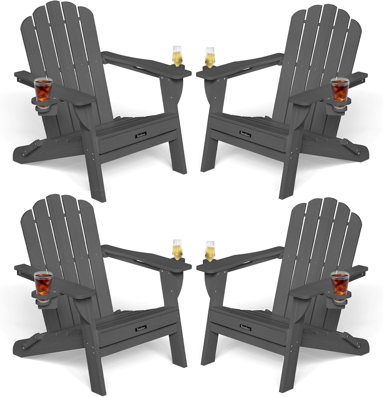 Eesdom Folding Adirondack Chair, HDPE Adirondack Chair with 2 Cup Holders, Easy Assembly Outdoor Fire Pit Chairs for Patio, Garden, Poolside, Black