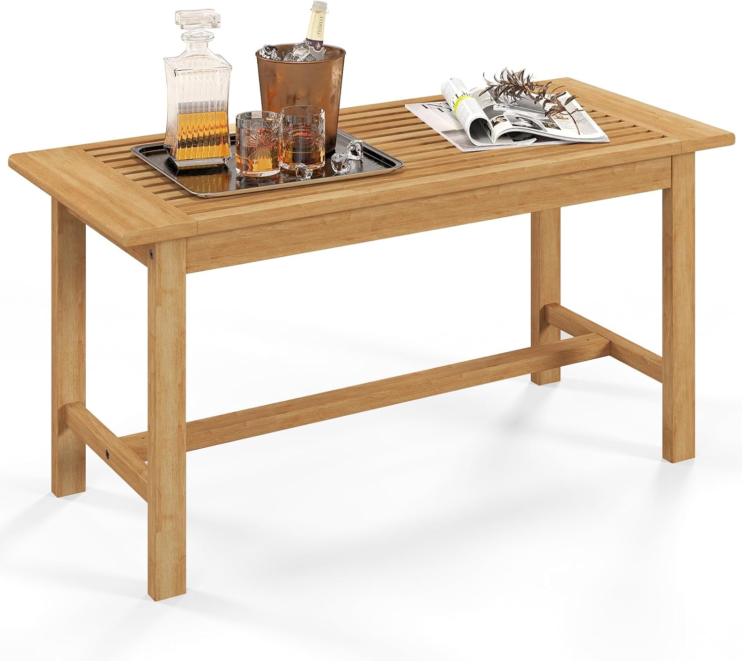 Tangkula Outdoor Coffee Table, 35.5” Patio Table with Slatted Tabletop, Rectangular Wooden Center Table Indoor Outdoor for Balcony, Poolside, Garden, Living Room, Natural