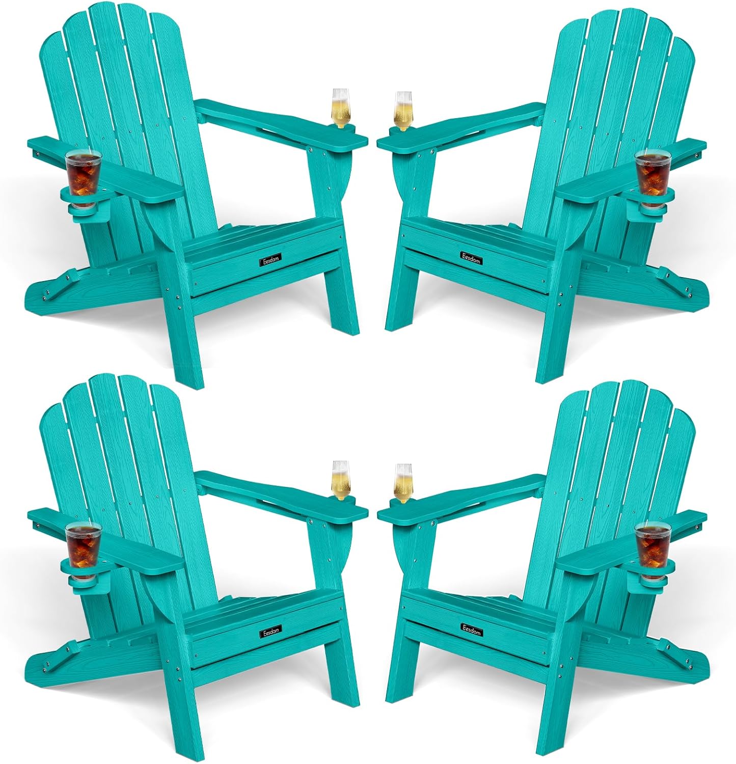 Eesdom Folding Adirondack Chair, HDPE Adirondack Chair with 2 Cup Holders, Easy Assembly Outdoor Fire Pit Chairs for Patio, Garden, Poolside, Black