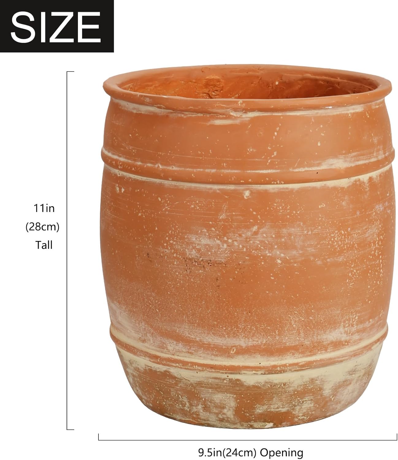 11"H x 9.5" Dia Aged Terracotta Clay Planter Pot with Drainage Hole, Rustic Farmhouse Style Flower Pot with Distressed Finish, Vintage Decorative Planter for Indoor Outdoor Garden, Patio, Porch