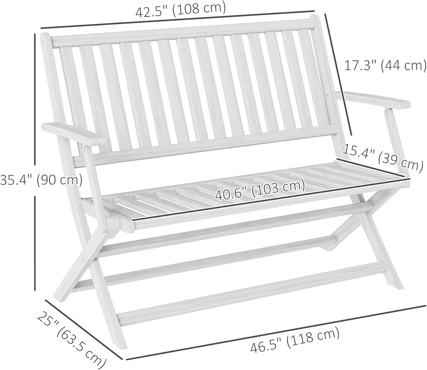 Outsunny Wood Outdoor Bench, 2-Person Foldable Patio Acacia Wood Garden Bench with Backrest and Armrests for Garden, Porch, Park, Balcony, White
