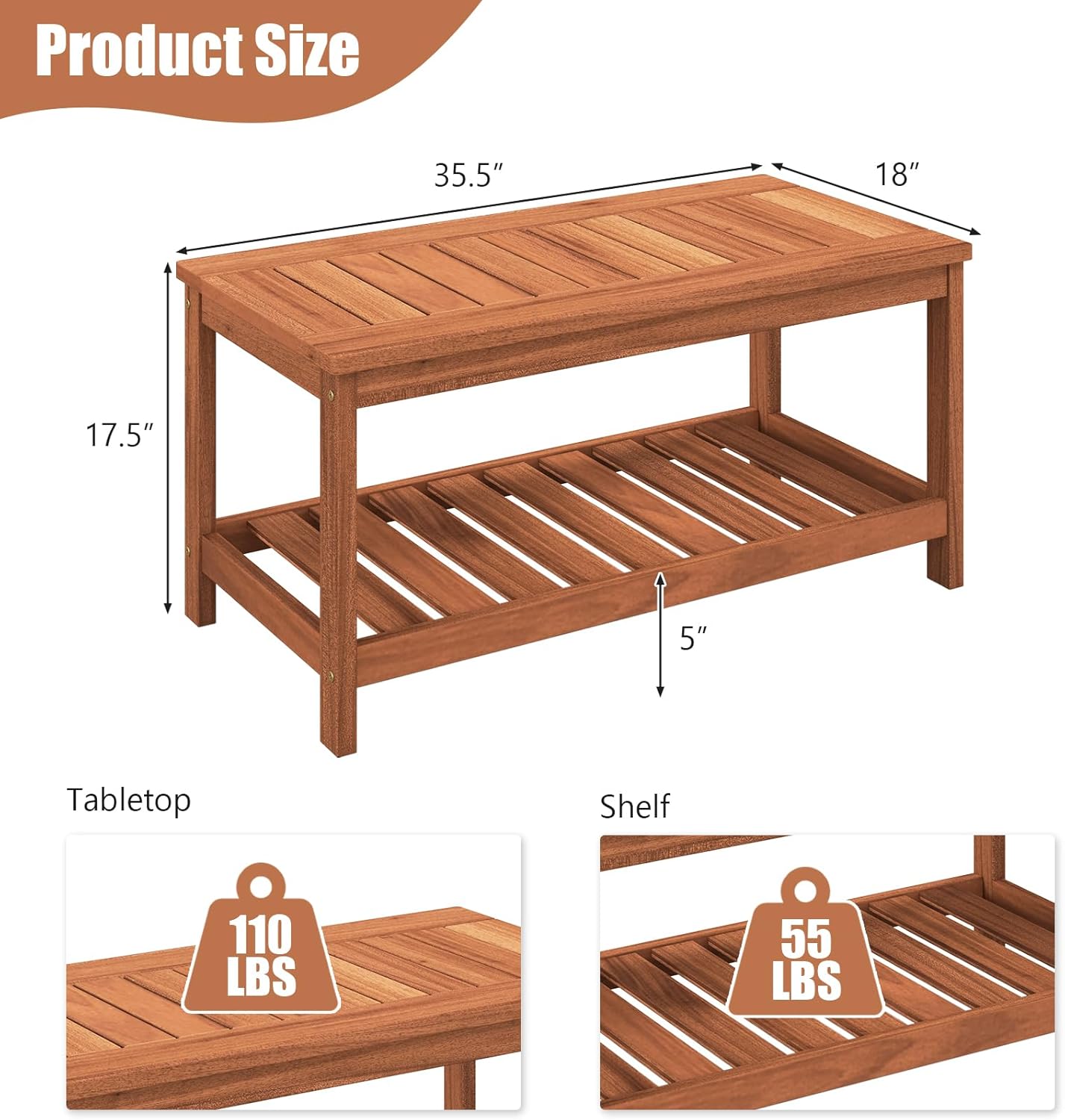 Tangkula Wood Outdoor Patio Coffee Table, 2-Tier Coffee Table with Slat Tabletop, Storage Shelf, Rectangle Patio Furniture for Garden Backyard Conversation (Natural)