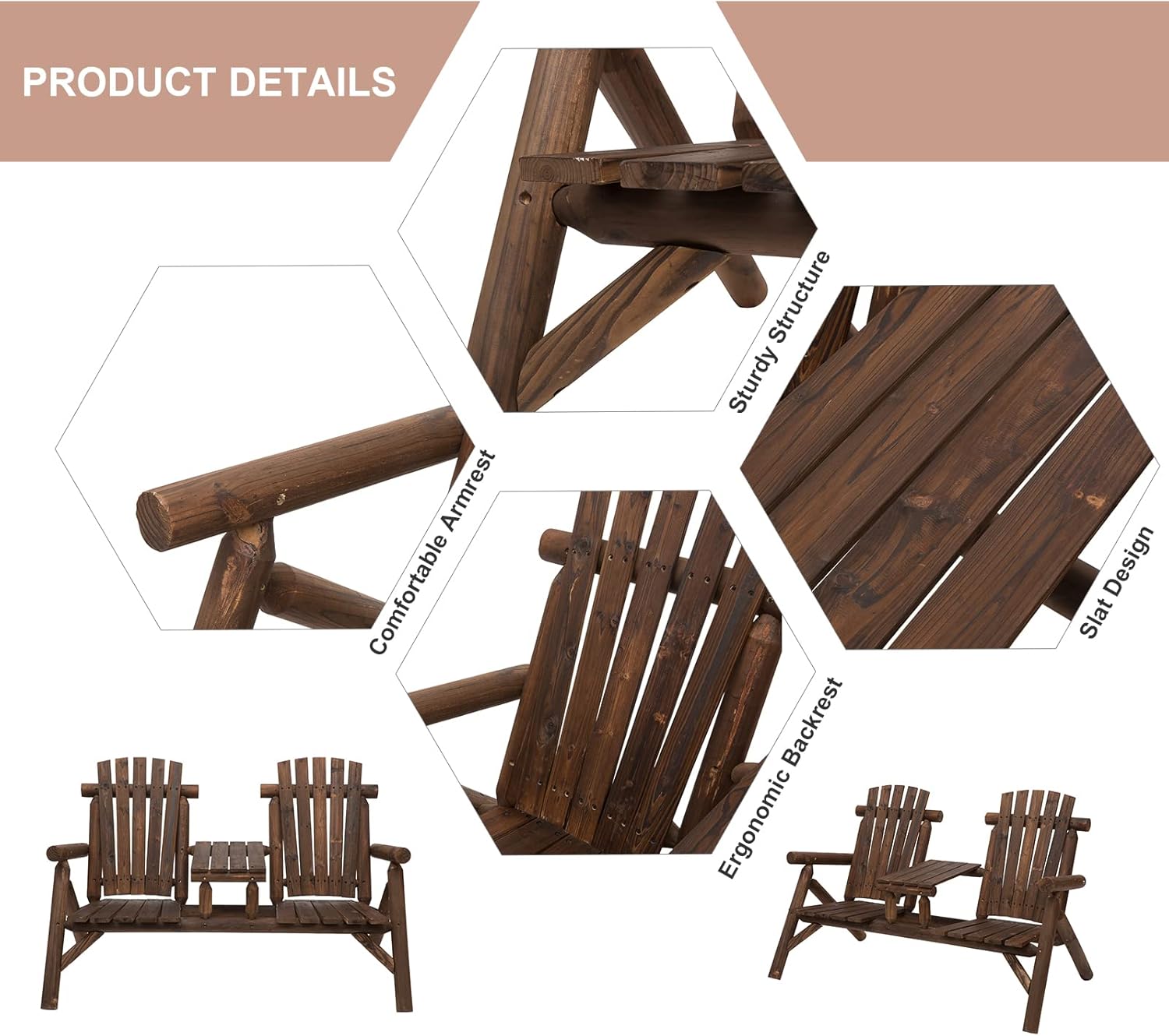 Outsunny 2-Seat Wooden Adirondack Chair, Patio Bench with Table, Outdoor Loveseat Fire Pit Chair for Porch, Backyard, Deck, Carbonized