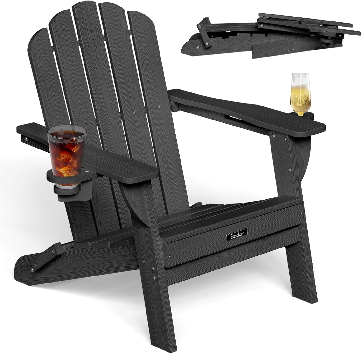 Eesdom Folding Adirondack Chair, HDPE Adirondack Chair with 2 Cup Holders, Easy Assembly Outdoor Fire Pit Chairs for Patio, Garden, Poolside, Black
