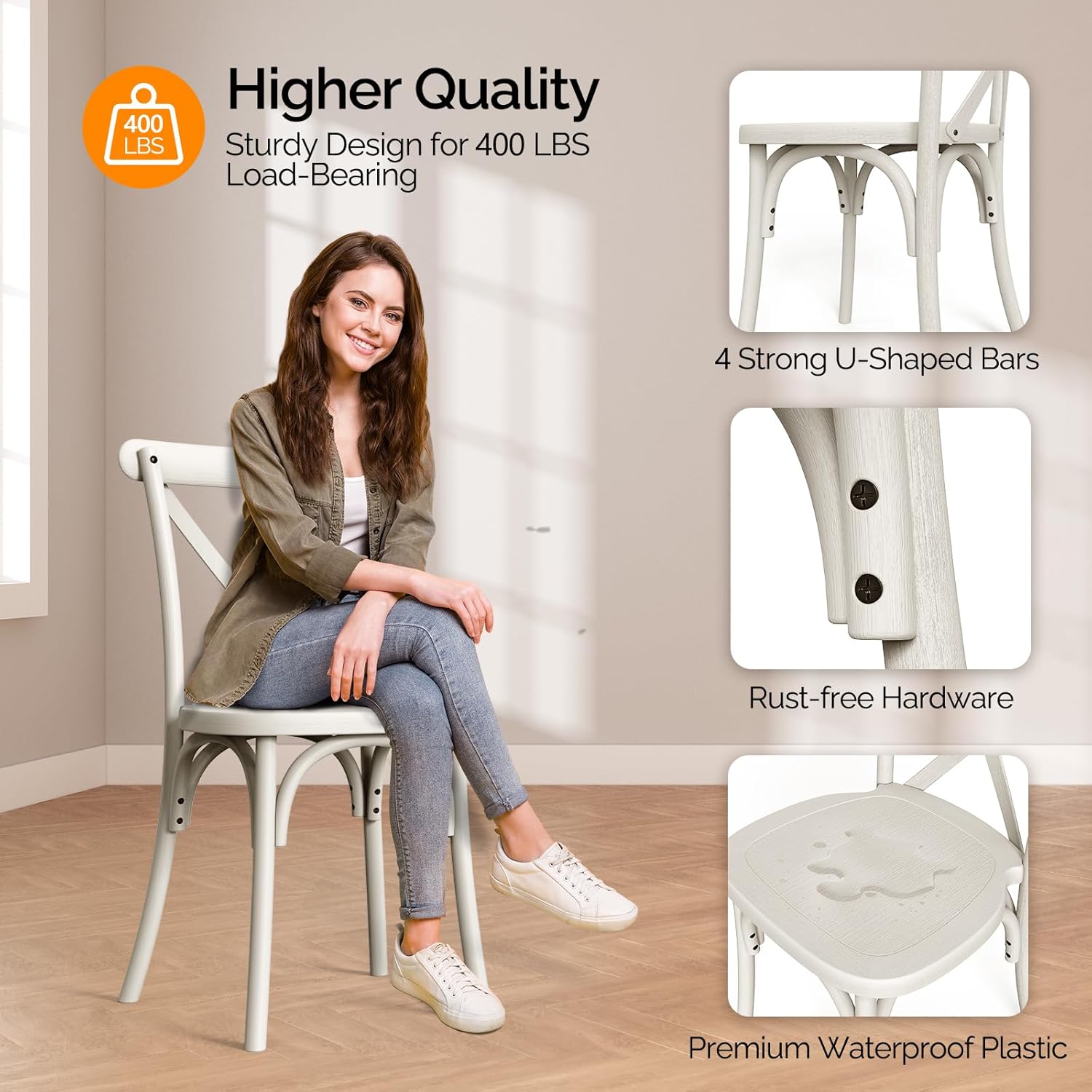 VINGLI Plastic Outdoor Dining Chairs Set of 6, Stackable Patio Cream White Dining Chairs with X Back, Waterproof Kitchen & Dining Room Chairs for Indoor-Outdoor, Capacity 400 lbs