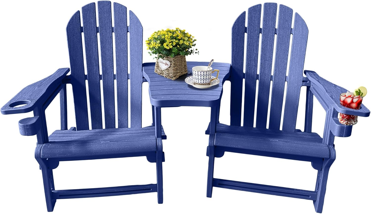 QuinnAndSunny HDPE Adirondack Chairs for Outside, All-Weather Patio Chairs with Cup Holder, Outdoor Lawn Chair for Poolside/Fire Pit/Backyard/Deck, Blue Double Adirondack Chair with Table