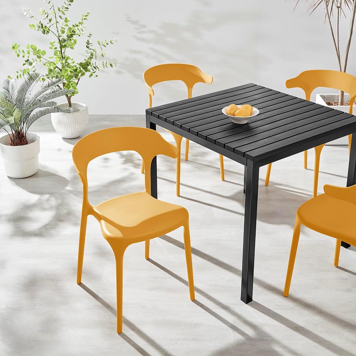 Xdeco Modern Stackable Dining Chair Set, No Assembly, Plastic Chair, Patio Chair, Suitable for Indoor and Outdoor Cafes and Restaurants, Set of 4 (Mustard Yellow)