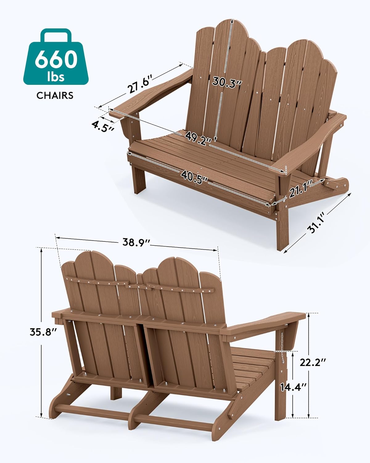 SERWALL Folding Adirondack Bench, HDPE All-Weather Adirondack Loveseat, 660 lbs Capacity, Foldable Outdoor Patio Bench for Deck, Lawn, Garden, Brown
