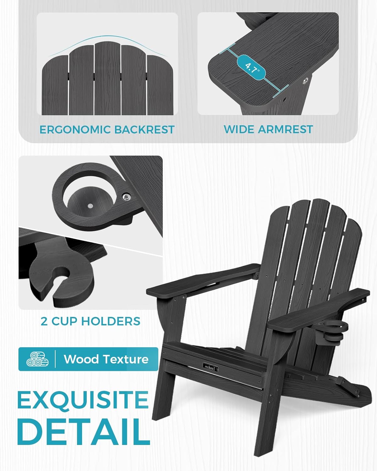 Eesdom Folding Adirondack Chair, HDPE Adirondack Chair with 2 Cup Holders, Easy Assembly Outdoor Fire Pit Chairs for Patio, Garden, Poolside, Black