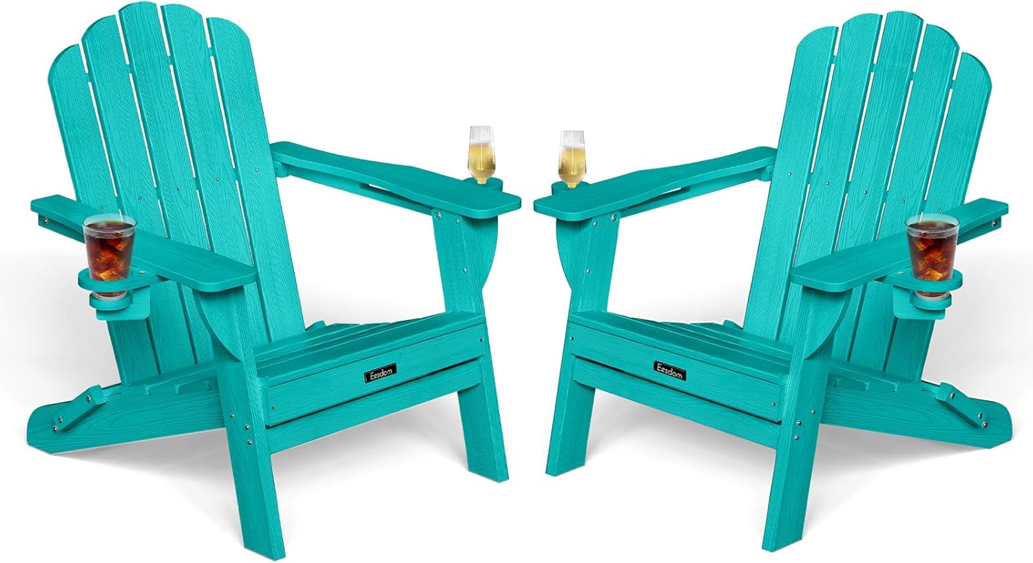 Eesdom Folding Adirondack Chair, HDPE Adirondack Chair with 2 Cup Holders, Easy Assembly Outdoor Fire Pit Chairs for Patio, Garden, Poolside, Black