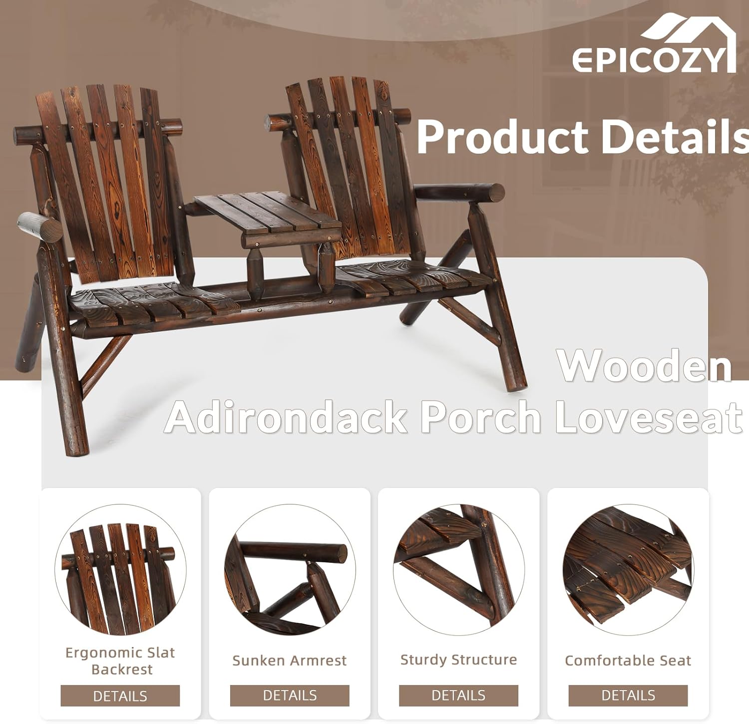 EPICOZY Outdoor 2-Person Wooden Adirondack Bench, Conversation Furniture Set with Patio Rustic Loveseat & Built-in Table, Carbonized Garden Bench Fire Pit Chair for Backyard Porch Pool Deck