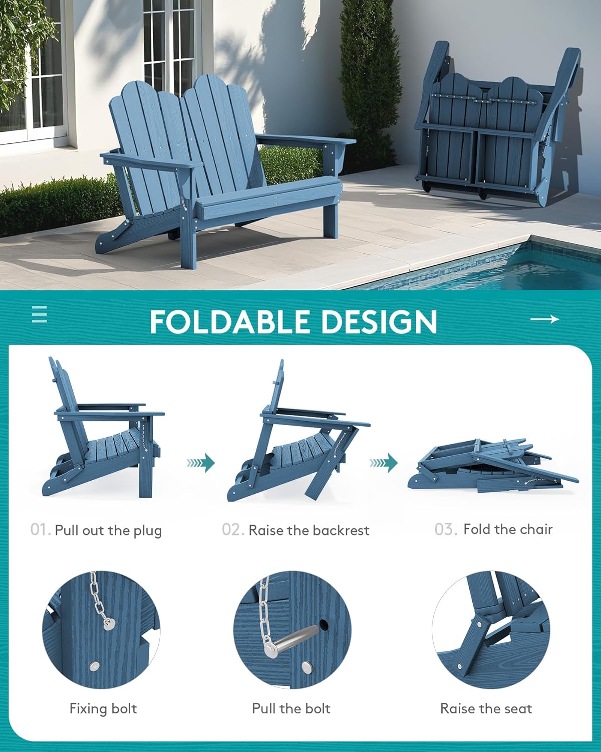 SERWALL Outdoor Folding Adirondack Bench, HDPE All-Weather Adirondack Loveseat, 660 lbs Capacity, Foldable Outdoor Patio Bench for Deck, Lawn, Garden, Navy