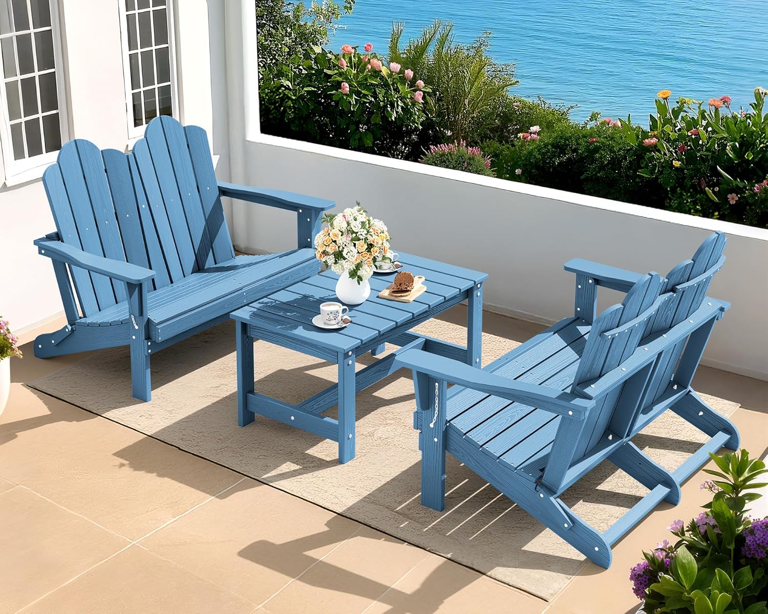 SERWALL Folding Adirondack Bench, HDPE All-Weather Adirondack Loveseat, 660 lbs Capacity, Foldable Outdoor Patio Bench for Deck, Lawn, Garden, Black