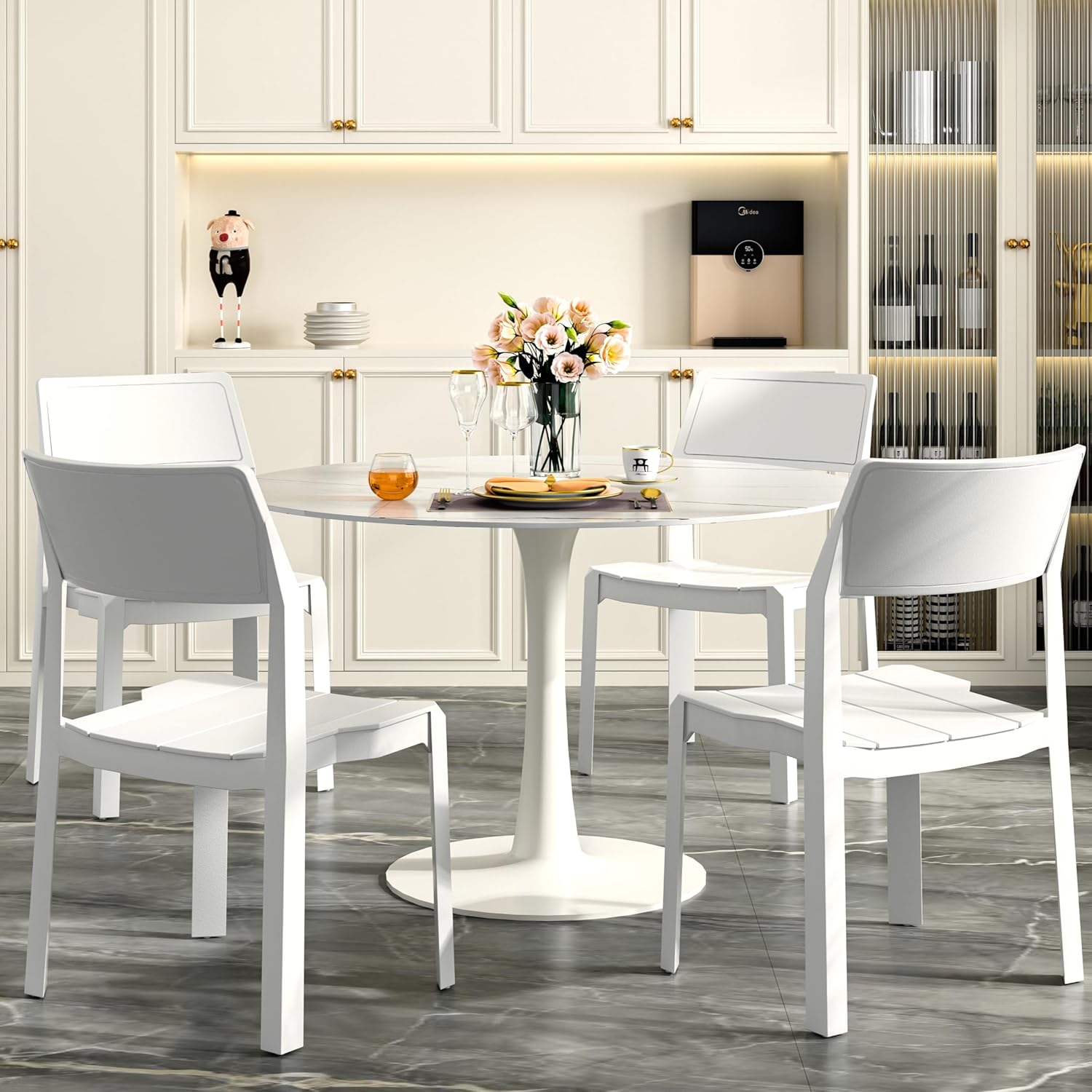 VECELO Stackable Dining Chairs Set of 4, Plastic Patio Chairs for Indoor Outdoor Use in Kitchen, Poolside, Restaurant, No Assembly, Pure White