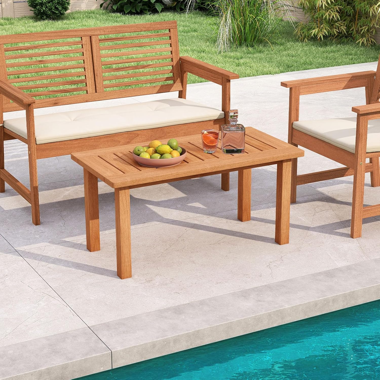 Tangkula Outdoor Coffee Table, 35.5” Patio Table with Slatted Tabletop, Rectangular Wooden Center Table Indoor Outdoor for Balcony, Poolside, Garden, Living Room, Natural