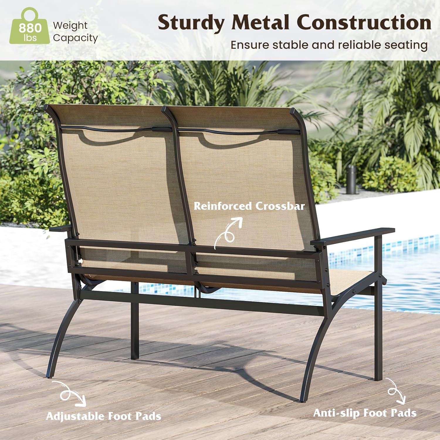 Tangkula Outdoor Adirondack Bench Chair, 2-Person Patio Garden Bench with High Back and Armrests, 880 lbs Weight Capacity, Front Porch Loveseat Furniture for Deck, Lawn and Backyard (Coffee)