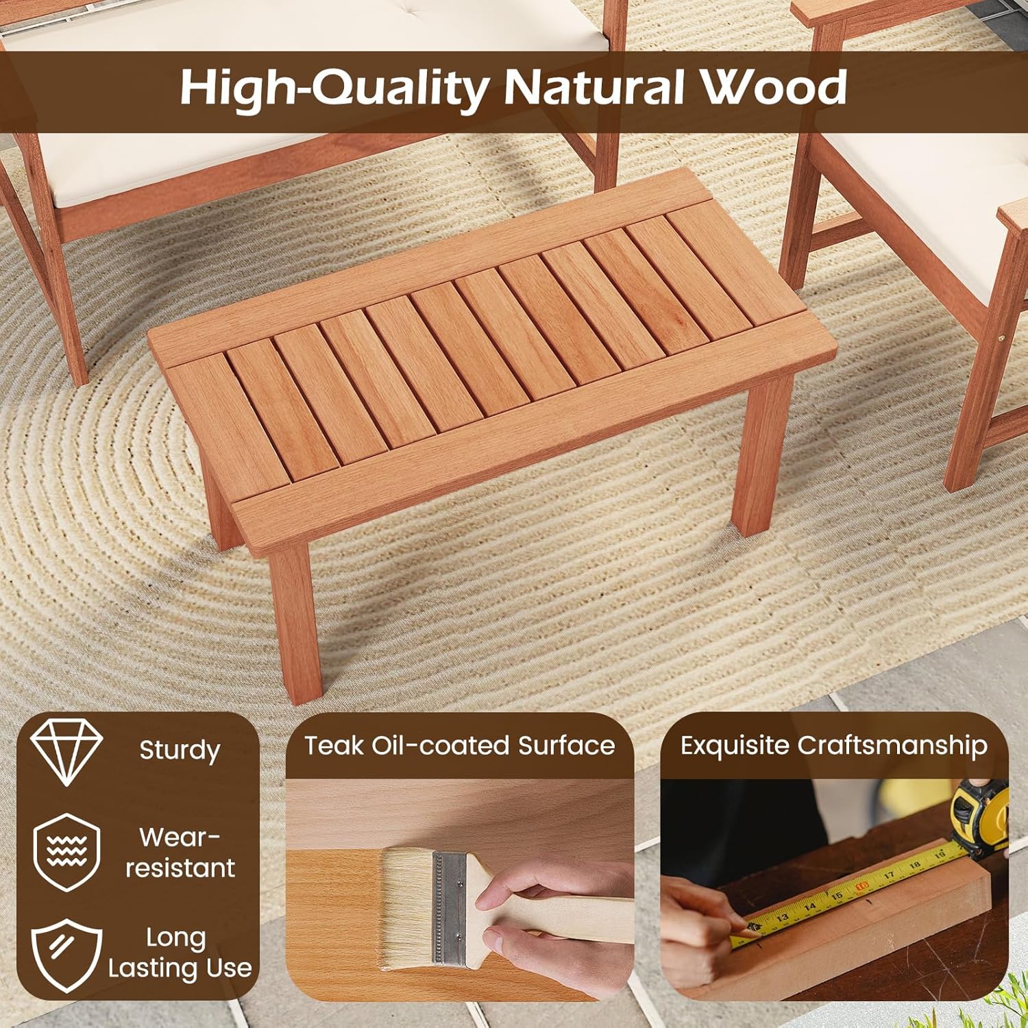 Tangkula Outdoor Coffee Table, 35.5” Patio Table with Slatted Tabletop, Rectangular Wooden Center Table Indoor Outdoor for Balcony, Poolside, Garden, Living Room, Natural