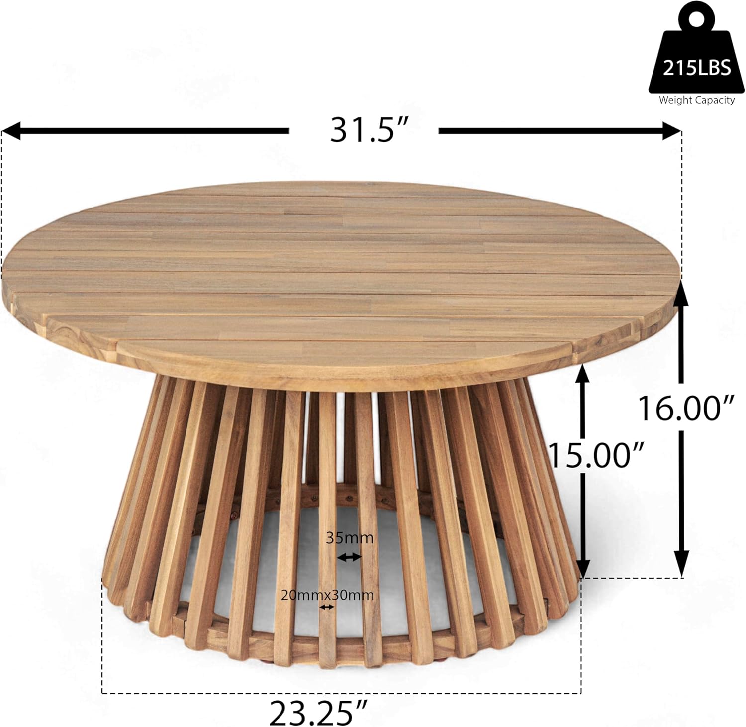 Merax Patio Outdoor Acacia Wood Round Coffee Table for Backyard, Lawn, Balcony Light Teak